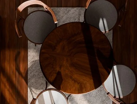 Elevated perspective of a refined circular wood table and four coordinating Illustration