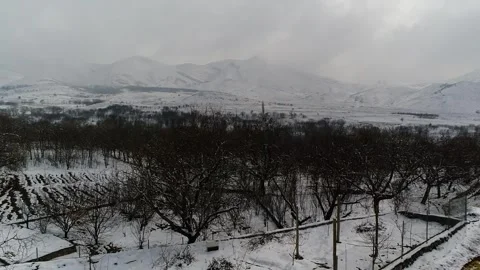From an elevated perspective a snowy garden rests, stock footage. Stock Footage 304867025