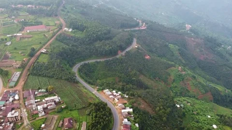 Elevated perspective of a winding road through lush hills with scattered Stock Footage 317837407