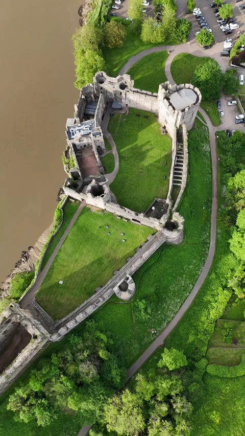 The elevated position of Chepstow Castle, and the River Wye, Wales Stock Footage 294932292