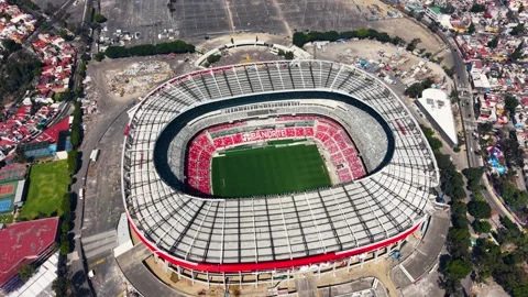 Elevated shot of Estadio Azteca construction activity before World Cup 2026 Stock Footage 332629985