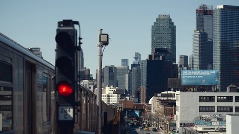 Elevated Subway with Signal Light Rack Focus Stock Footage 127264126
