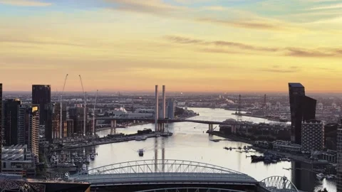Elevated sunset view looking down the Yarra River and Victoria Harbour channel Stock Footage 341344523