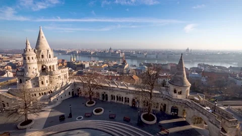 Elevated time lapse view of the skyline of Budapest with Fisherman's Bastion Stock Footage 170371298