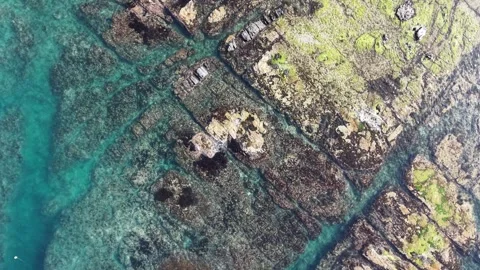 Elevated Top Down Aerial View of Clear Turquoise Sea and Coastal Reef Stock Footage 344778544