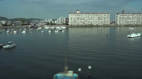 Elevated tracking shot of a boat harbor in Yokohama Japan Video stock 43368943