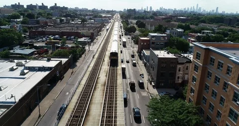 Elevated train LIRR city view 스톡 동영상 117632112