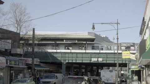 Elevated train moving on subway track in Sheepshead Bay in winter NYC Stock Footage 59841128