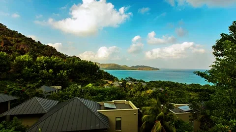 Elevated Tropical Ocean View from Luxury Villa Resort with Lush Hills Stock Footage 319928210