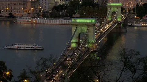 Elevated twilight shot of Chain Bridge Budapest Stock Footage 82682572
