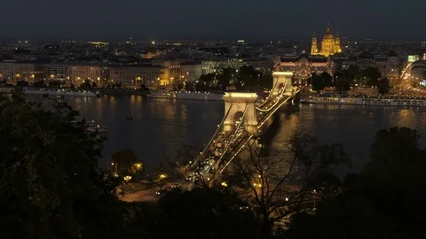 Elevated twilight shot of Chain Bridge Budapest Stock Footage 82682845