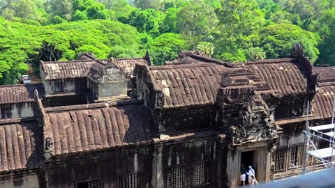 Elevated View of Ancient Angkor Wat Temple Rooftops and Khmer Architecture Stock Footage 339324235
