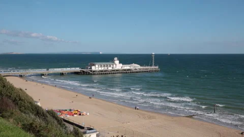 Elevated view of Bournemouth Beach and pier Stock Footage 141910243