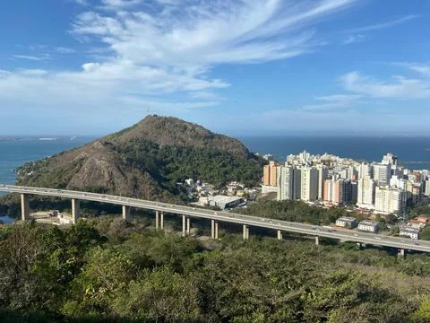 Elevated View of a Bridge and Coastal City 스톡 사진