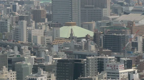 Elevated view of buildings and highways surrounding Ryogoku in downtown Tokyo. Video stock 65250333