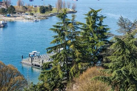Elevated view from Burrard Bridge area overlooking Sunset Beach ferry dock Stock Photos