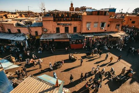 Elevated view of a bustling square and shops Stock Photos