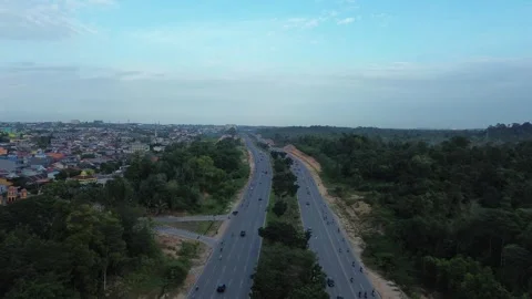 Elevated View of Bustling Urban Thoroughfare and Lush Greenbelt Merging wit.. Stock Footage 339036855