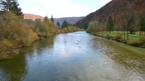 Elevated view of calm Alpine Sava Bohinjka river Stock Footage 143117544