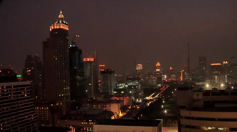 Elevated View of the CBD with Buildings of Phathumwan District at Night Fall. Stock Footage 38608200
