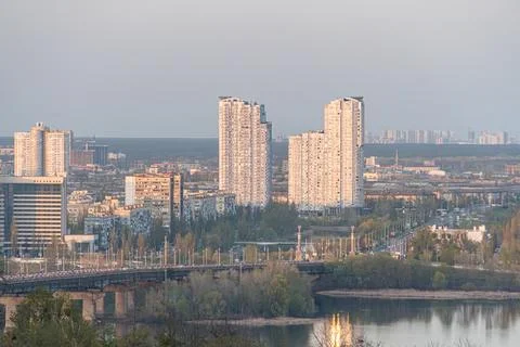 Elevated view of a city divided by a river, with mix of residential and com.. Stock Photos