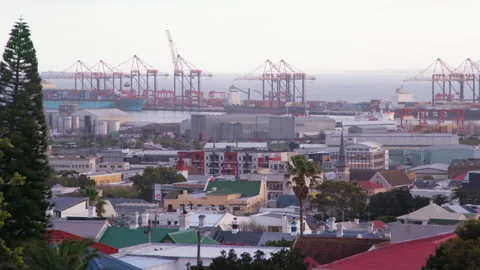 Elevated view of city with harbour and ocean in the background Stock Footage 242008396