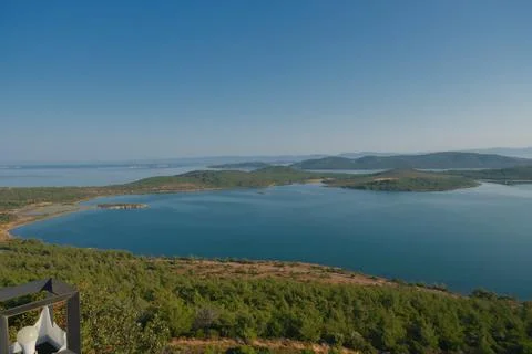 Elevated view of a coastal landscape featuring green islands and blue water Stock Photos