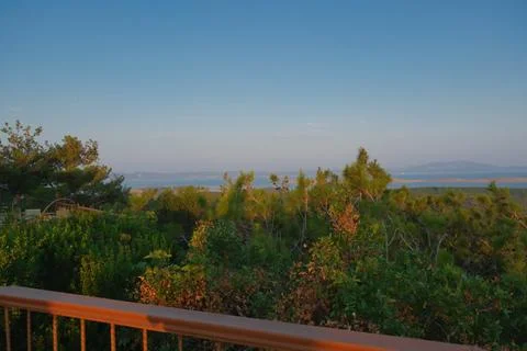 Elevated view of a coastal landscape featuring green islands and blue water Stock Photos