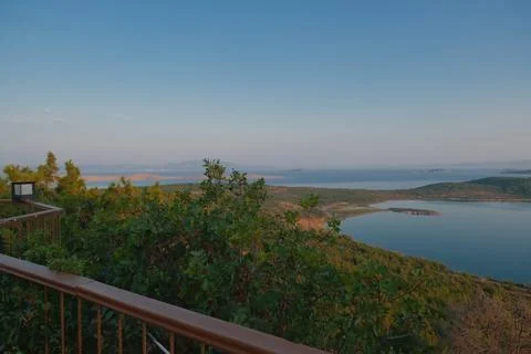 Elevated view of a coastal landscape featuring green islands and blue water Stock Photos