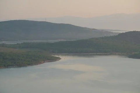 Elevated view of a coastal landscape featuring green islands and blue water Stock Photos