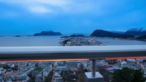 Elevated View of Coastal Town at Dusk, Fjord Landscape Stock-Footage 310419002