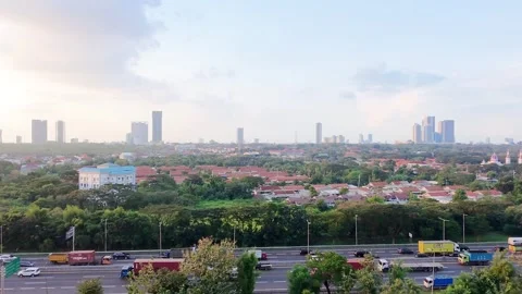 Elevated view of a congested multi-lane highway with heavy vehicle traffic Stock Footage 335219063