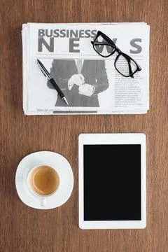 Elevated view cup coffee tablet Stock Photos