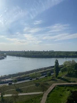 Elevated view on Danube river flowing through Belgrade landscape Stock Photos