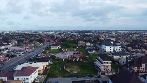 Elevated view of a diverse urban landscape showing residential houses and Stock Footage 314397626