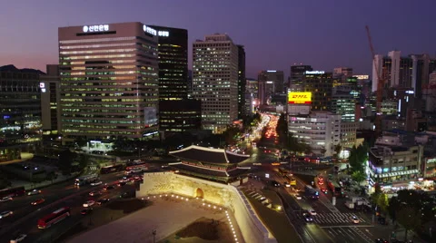 Elevated View of Early Evening Traffic at Namdaemun Gate Stock Footage 61630494