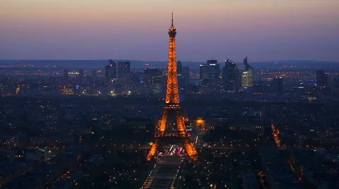 Elevated view of the Eiffel Tower, city skyline and La Defence skyscrapper Stock Footage 54135878