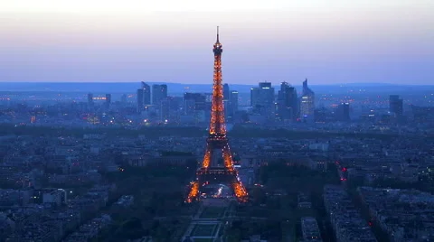 Elevated view of the Eiffel Tower, city skyline and La Defence skyscrapper Stock Footage 54135894