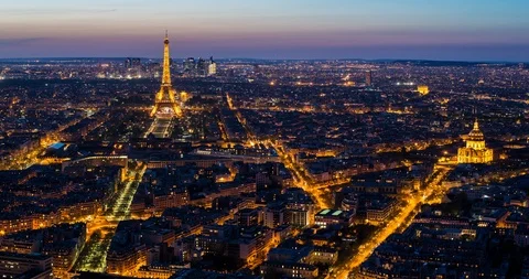 Elevated view of the Eiffel Tower, city skyline and La Defence skyscrapper Stock Footage 106638535