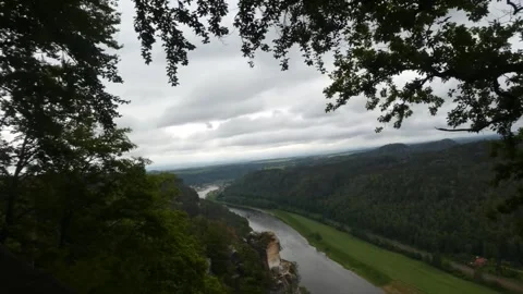 Elevated View of Elbe River Winding Through Saxon Switzerland National Park Stock Footage 346845146