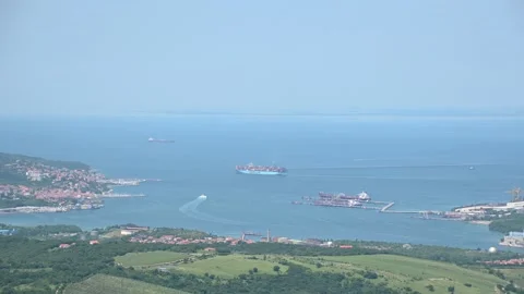 Elevated view of Gulf of Trieste and industrial dock on the Adriatic Sea Stock Footage 158493164