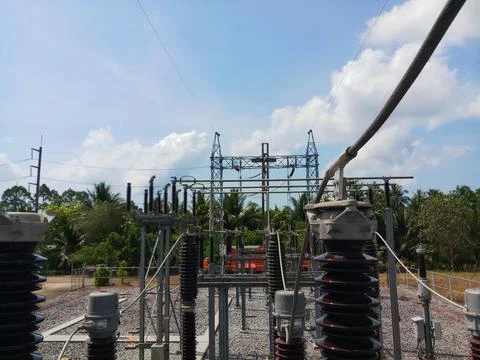 Elevated view of high voltage electricity substation switchyard structure. Stock Photos