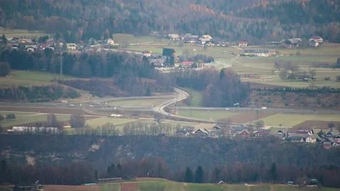 Elevated view of highway road and colorful countryside landscape Stock Footage 143955408