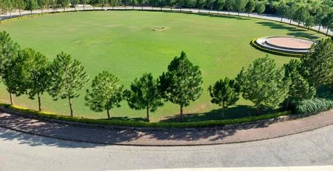 Elevated View of a Large Oval Shaped Grassy Field Surrounded by Manicured Trees Stock-Fotos