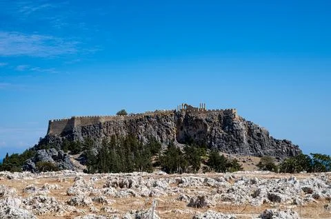 Elevated view of Lindos acropolis Foto stock