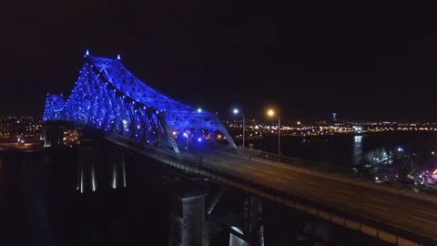 Elevated view of lit up bridge at night in Montreal, Canada Stock Footage 114724946