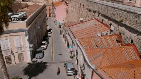 Elevated View Looking Down on Historic Street in Cagliari Sardinia Italy Видео 335457236