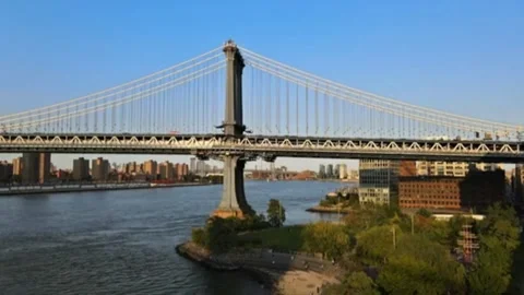 Elevated View Of Manhattan Bridge Tower And East River In NYC Stock Footage 343109425