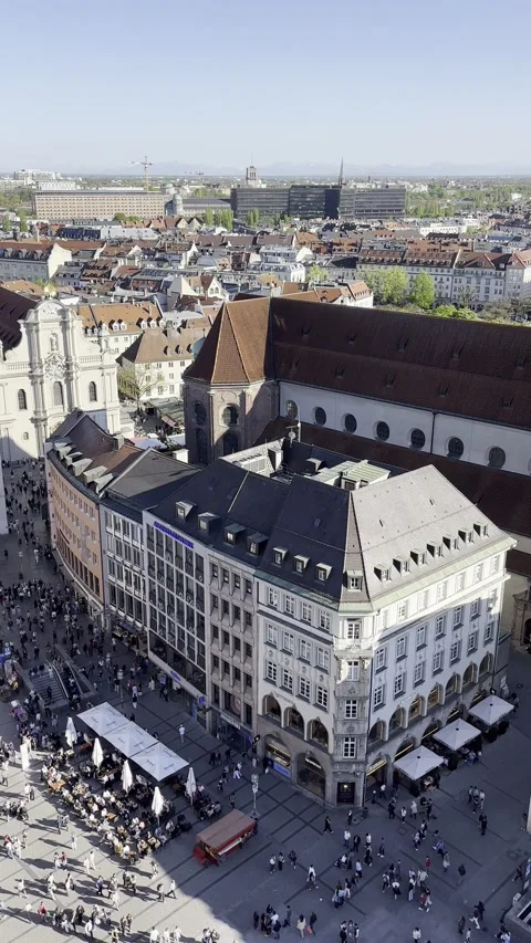 Elevated View of Munich Pedestrian Square and Buildings Stock Footage 346789579