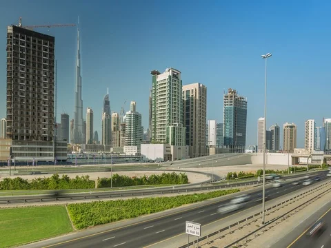 Elevated view of the new Dubai skyline of modern architecture and skyscrapers Stock Footage 73055377